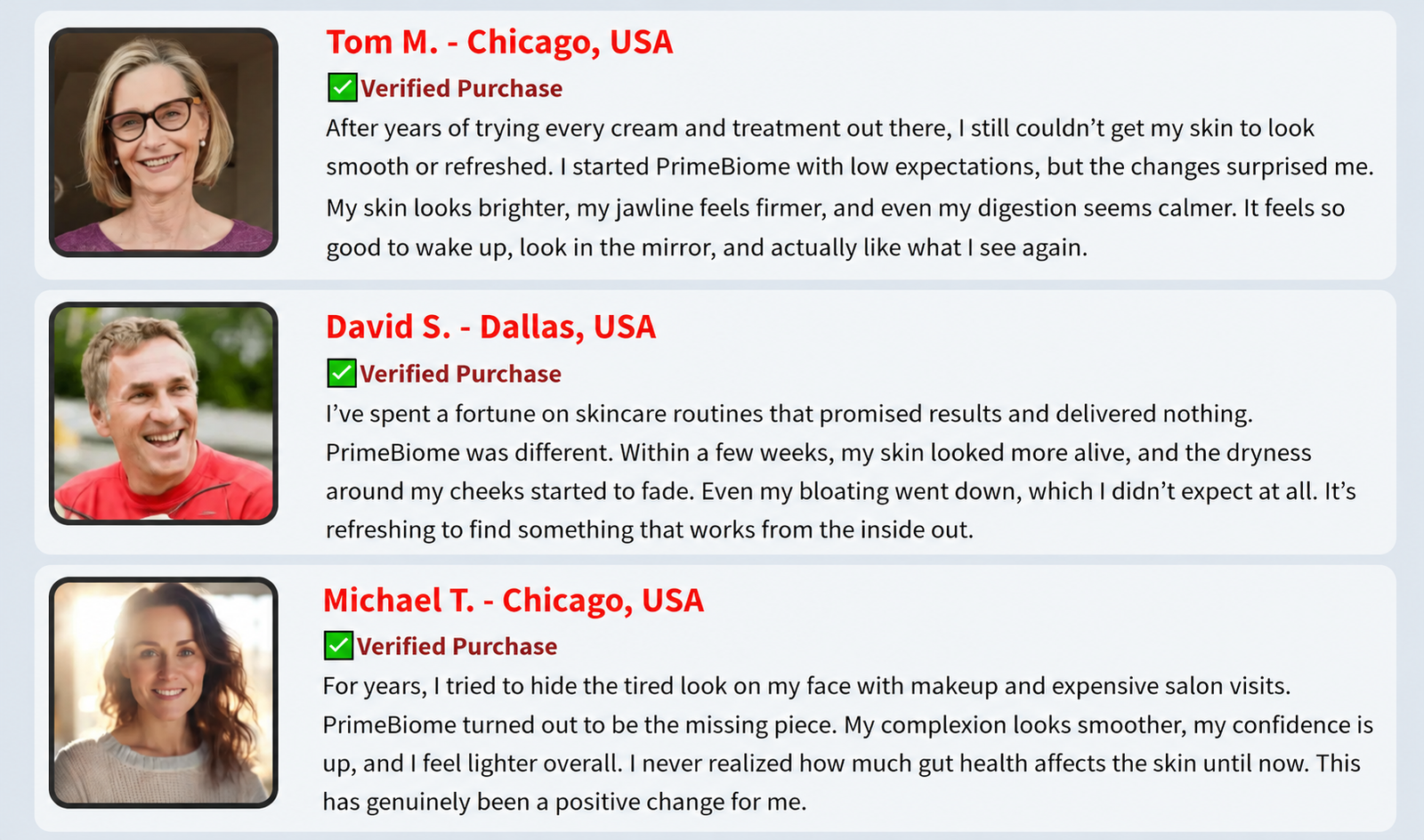 PrimeBiome customer feedback and testimonials collage showing real user reviews