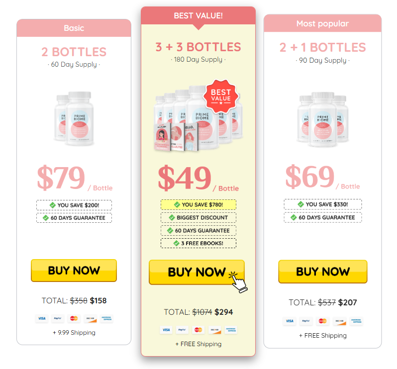 PrimeBiome pricing packages showing 1 bottle 3 bottle and 6 bottle options with discounts